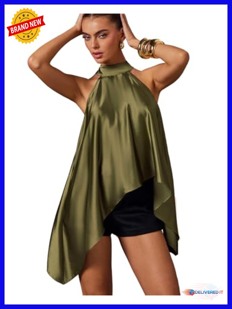 Satin Halter Neck Sleeveless Asymmetrical Hem Top